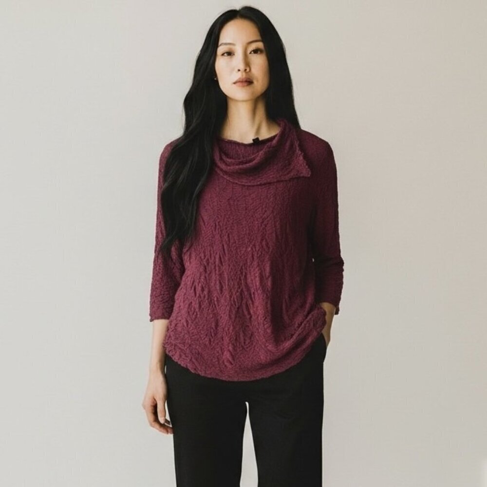 Snoskins Textured Cowl Neck Top Burgundy Crinkle Knit Size XXL